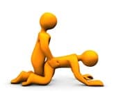 Orange 3D figurines illustrating a rear-entry sex position on a plain white backdrop