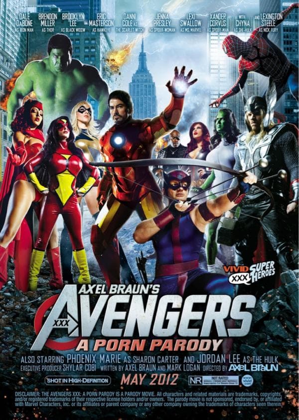 Movie poster for Axel Braun's Avengers XXX A Porn Parody showing cosplay superheroes arrayed in front of a city skyline