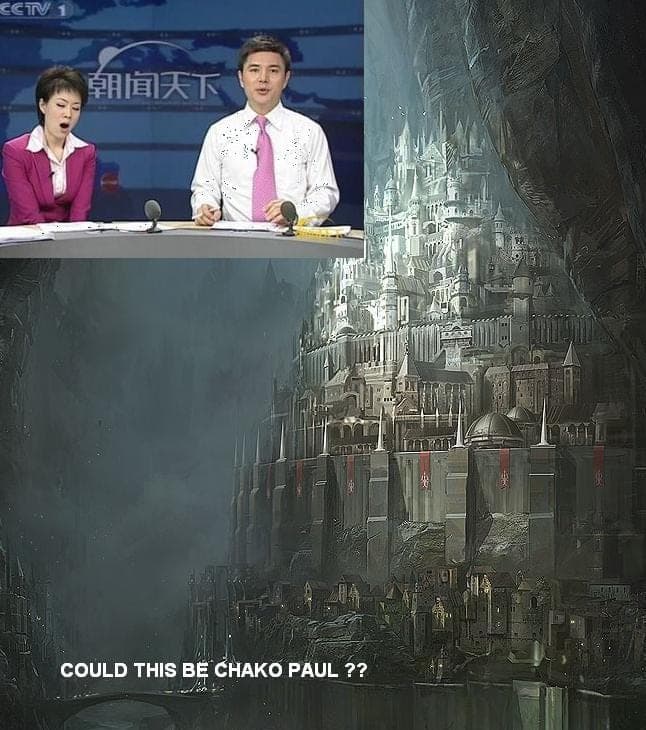 Collage of a CCTV news anchor duo above a fantasy cliffside city illustration, captioned Could this be Chako Paul