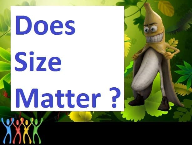 Cartoon graphic of a grinning banana character beside large blue text reading Does Size Matter on green foliage