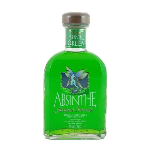 Bottle of green Absinthe Jacques Senaux liquor with a fairy label on a plain white background