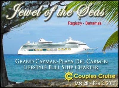 Promotional card showing a cruise ship at sea with text reading Jewel of the Seas Lifestyle Full Ship Charter