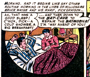 Vintage comic panel of Batman and Robin waking in twin beds, chatting in speech bubbles about breakfast