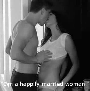 Black-and-white photo of a couple embracing indoors with caption text reading I'm a happily married woman