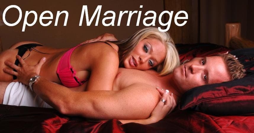 Couple lying on red satin sheets with overlaid white text reading Open Marriage across the top