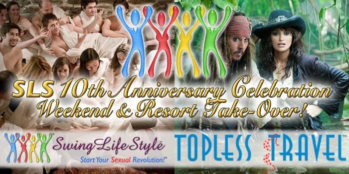 Promotional banner reading SLS 10th Anniversary Celebration Weekend with pirate couple and logos
