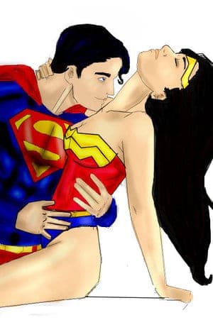 Cartoon illustration of Superman embracing and kissing the neck of a reclining Wonder Woman