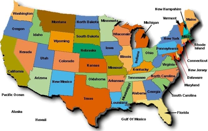 Colorful illustrated map of the contiguous United States with each state labeled and shaded in different colors