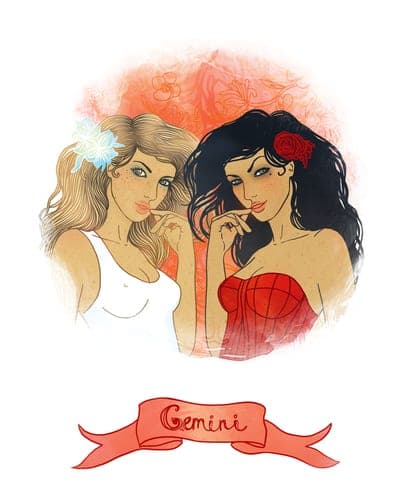 Illustration of two women, one blonde in white and one dark-haired in red, above a Gemini banner