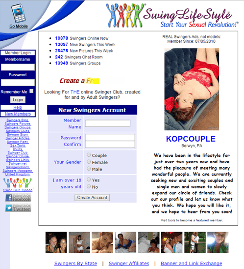 Screenshot of an older SwingLifeStyle homepage with signup form, member stats, and a featured couple profile panel