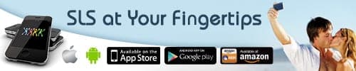 Promotional banner reading SLS at Your Fingertips with phone, App Store, Google Play and Amazon download badges