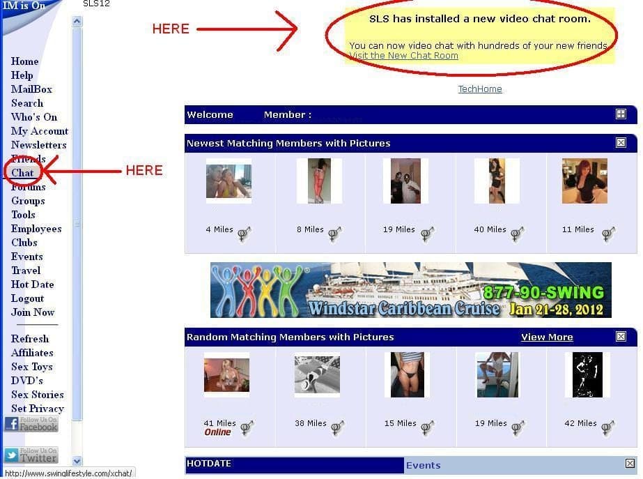 Annotated SLS website screenshot with red arrows pointing to the Chat link and a yellow new video chat announcement