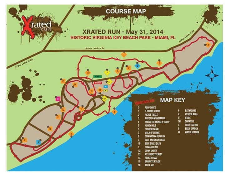 XRated Run course map for the May 31 2014 event at Virginia Key Beach Park Miami with obstacles and map key