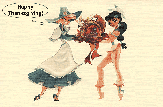 Retro cartoon of a pilgrim woman saying Happy Thanksgiving while handing a turkey platter to a Native American woman