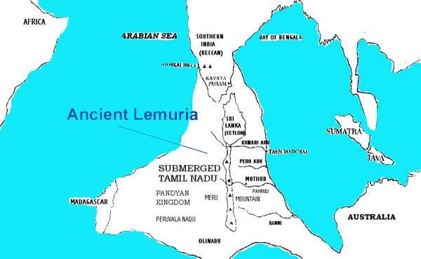 Hand-drawn map of the Indian Ocean region labeling the hypothetical lost continent of Ancient Lemuria
