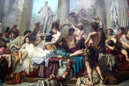 Classical painting of a Roman banquet with reclining figures in togas feasting among marble columns