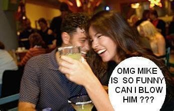 Couple laughing over cocktails at a bar with a meme caption overlaid in red text on the right