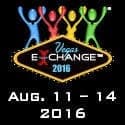 Square title card with colorful dancing figures reading Vegas Exchange 2016, Aug. 11-14 2016
