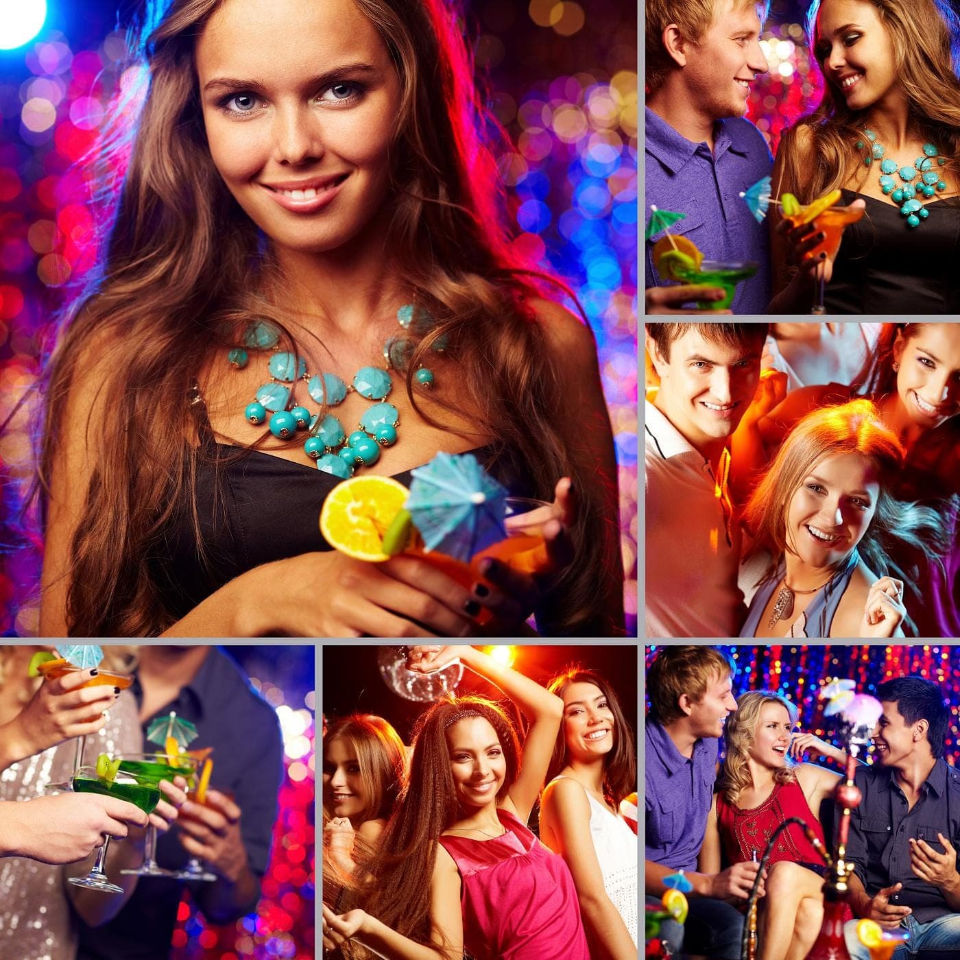 Collage of nightclub scenes with smiling people holding cocktails under colorful party lighting