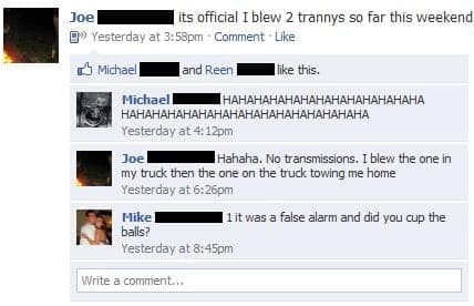 Screenshot of a Facebook status update and comment thread with redacted names and joking replies