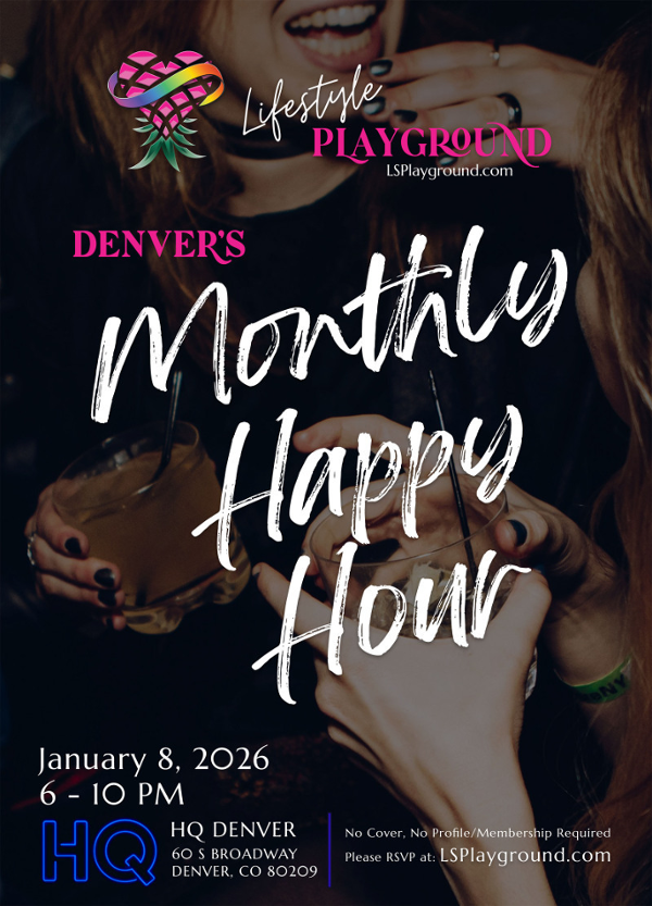 Denver's Monthly Happy Hour event flyer