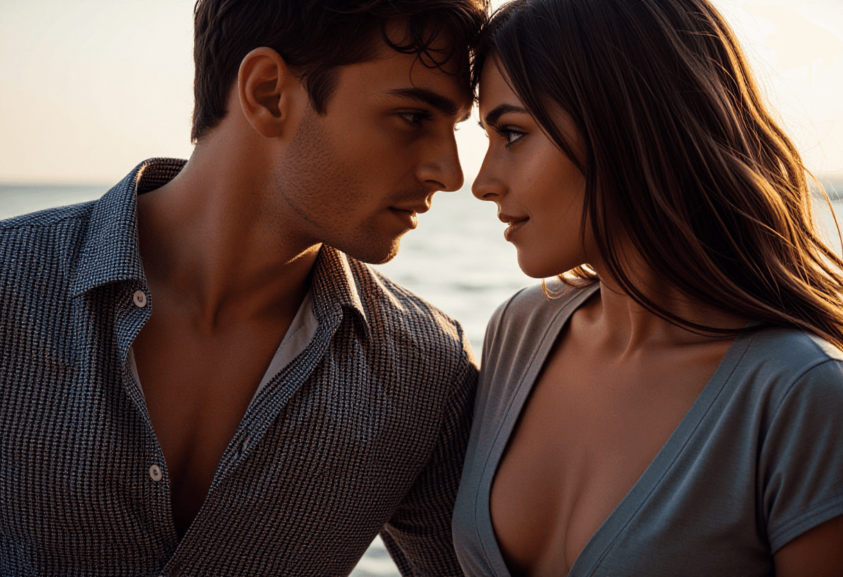 A man in a stylish open-collar shirt leans close to a woman in a plunging neckline, both gazing inte