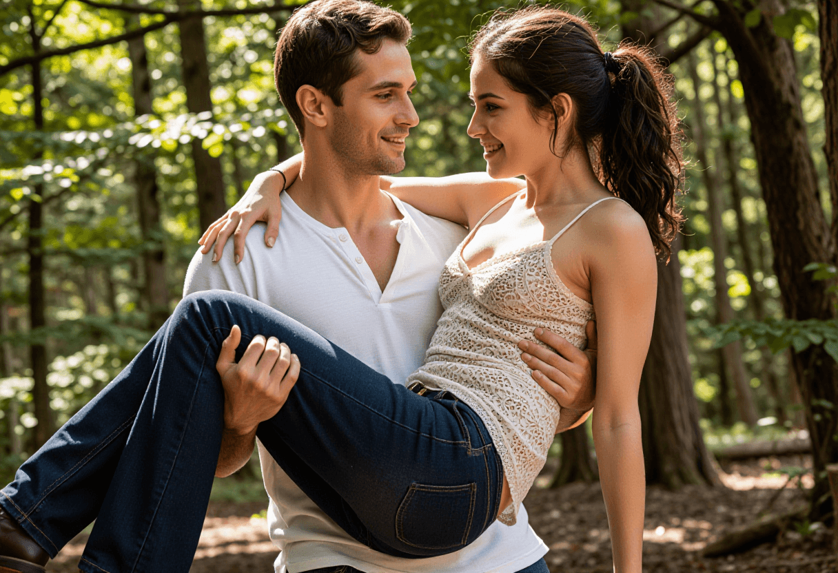 A man in a white Henley shirt carries a woman in a lace camisole and jeans through a sunlit forest,