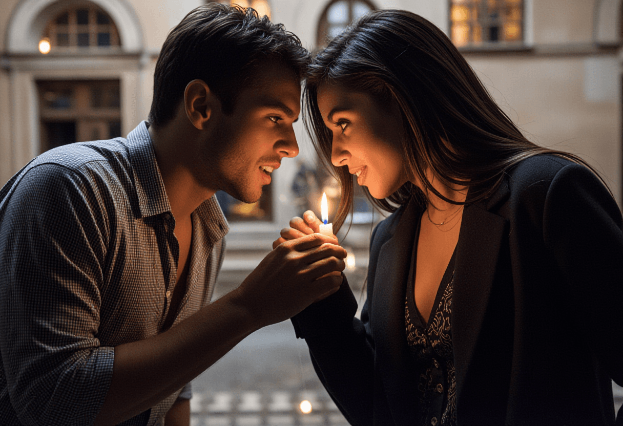 In a dimly lit courtyard, a man in a stylish open-collar shirt leans close to a woman in a dark coat