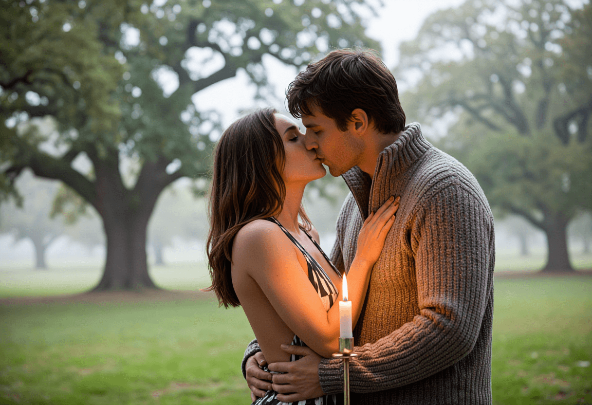 In a misty meadow framed by ancient oak trees, a long-term couple shares a tender kiss, their bodies