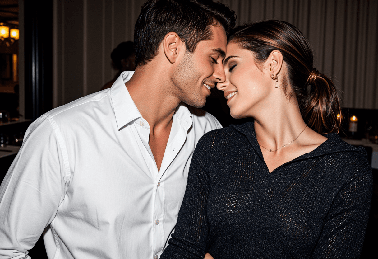 In a dimly lit room, a woman leans into another, their faces close, eyes closed, as they share an in