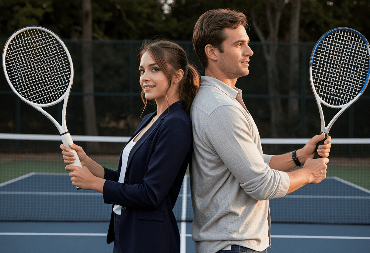 A man and a woman stand back-to-back on a tennis court, each holding a racket, their bodies angled t
