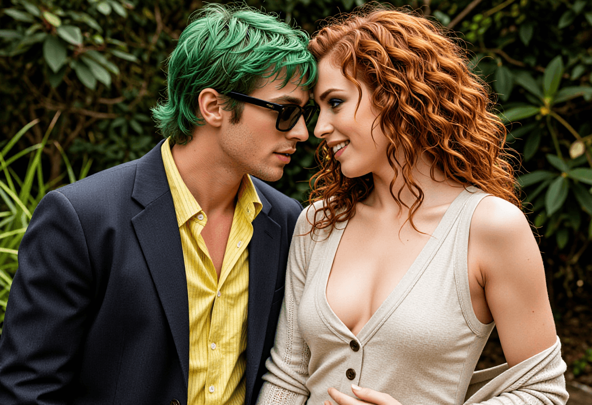 In a lush garden, two women share an intimate moment, one with vibrant green hair and sunglasses, th