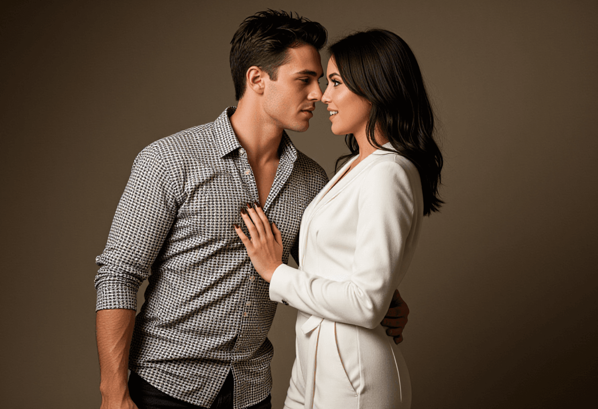 In a minimalist studio, a man in a stylish open-collar shirt leans close to a woman in a sleek white