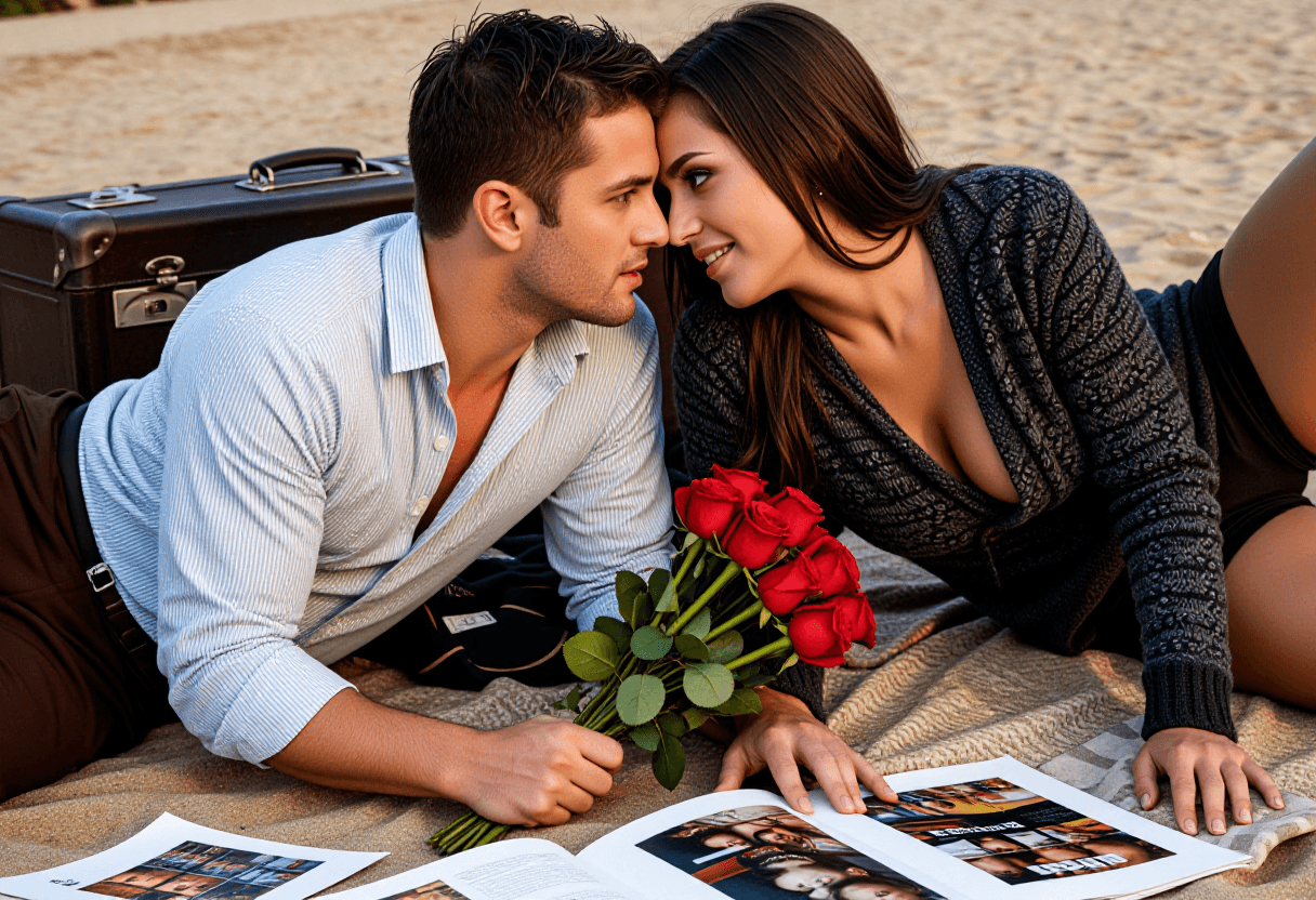 A couple lounges on a beach blanket, the man holding a bouquet of roses while the woman leans close,