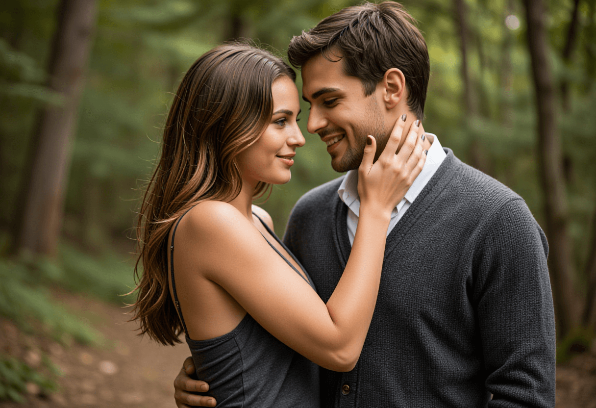 A couple shares an intimate moment in a serene forest clearing, the woman's hand gently resting on t
