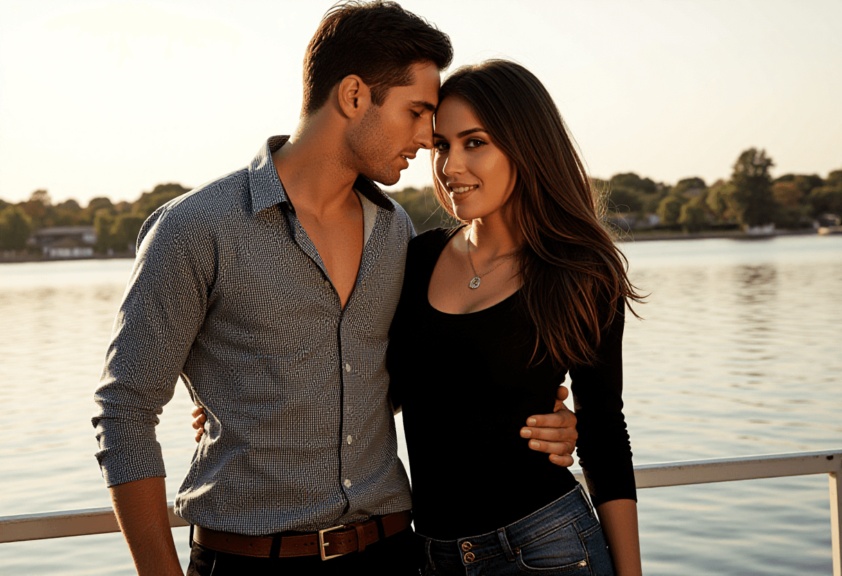 A man in a stylish open-collar shirt leans close to a woman in a black top and jeans, their bodies p