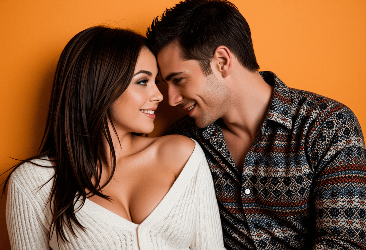 A couple leans close, the woman in a white sweater with a plunging neckline, her bare shoulder expos