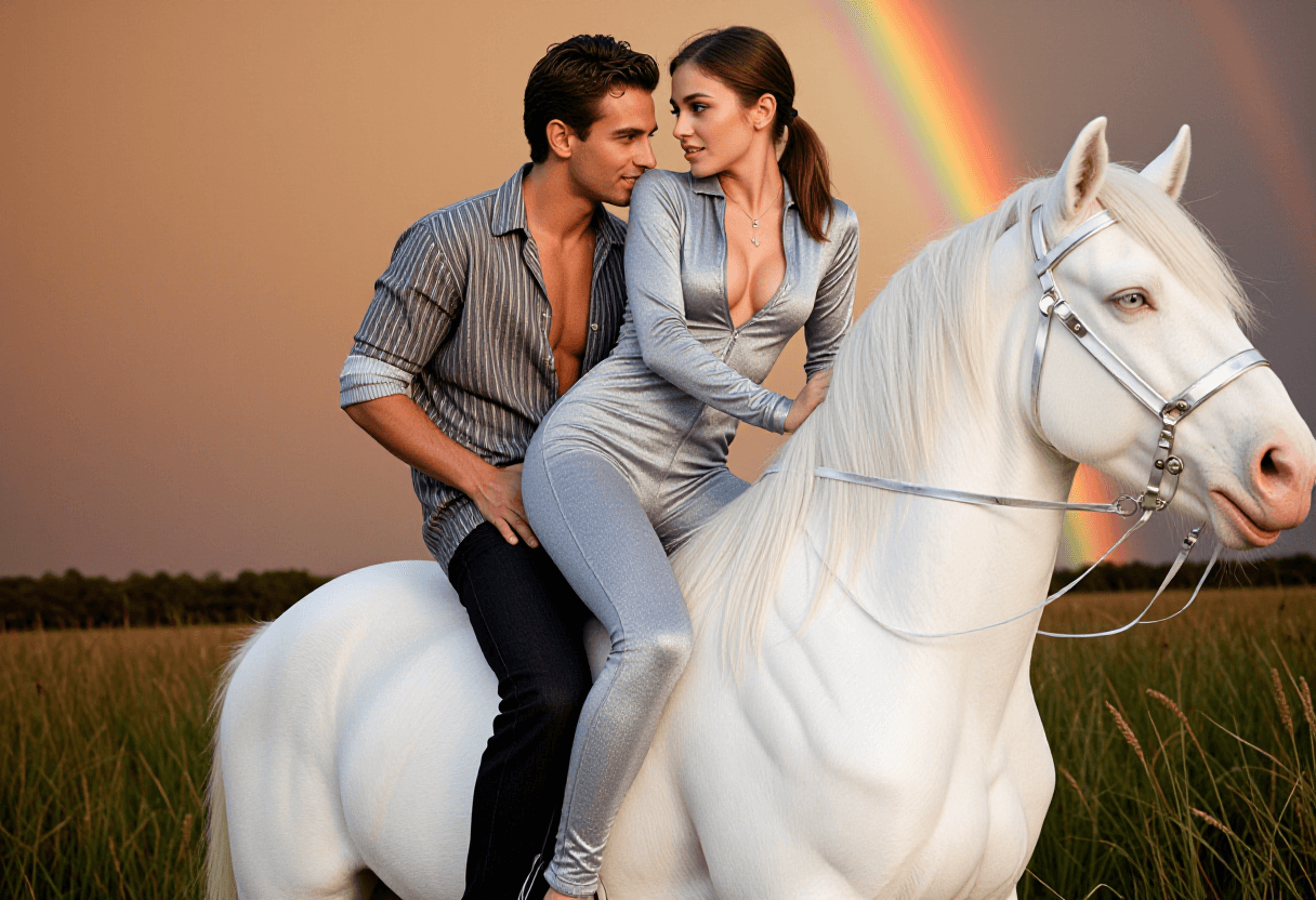 A woman in a shimmering silver bodysuit leans sensually against a man in a stylish open-collar shirt