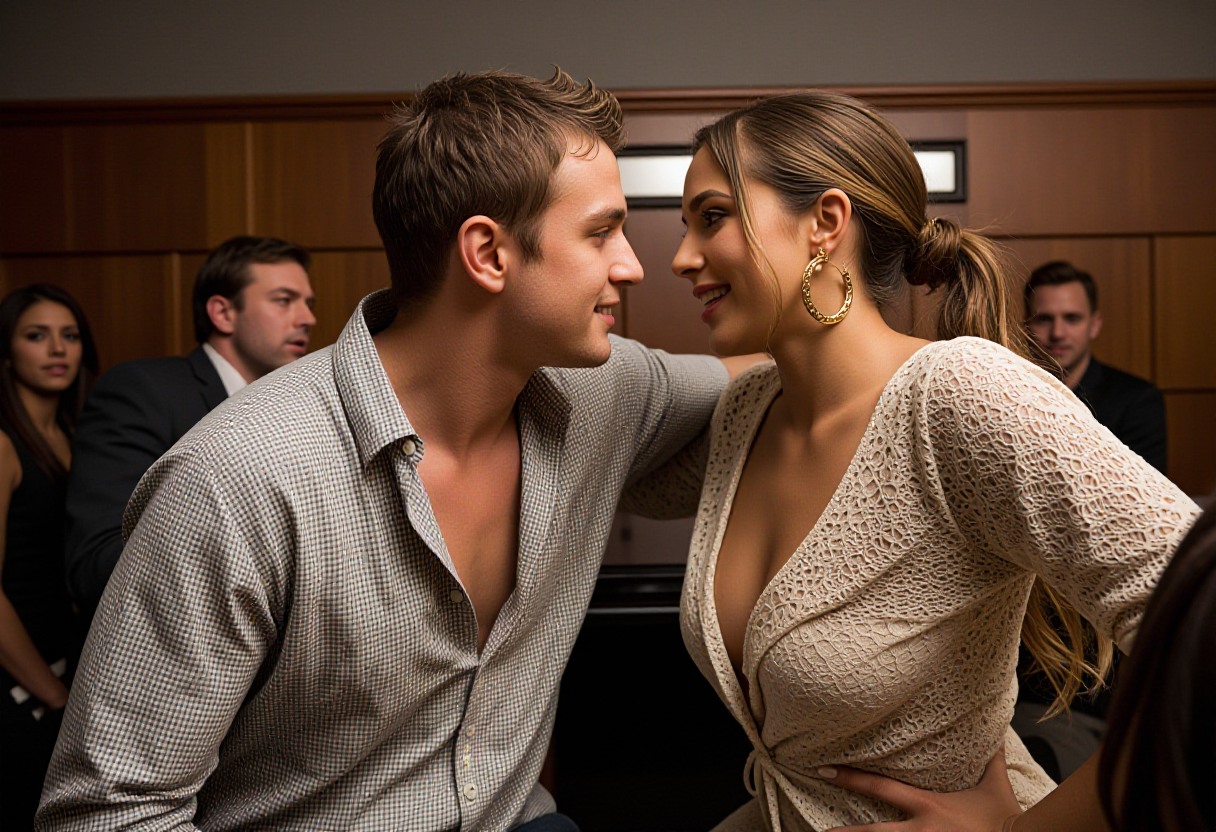 A couple lies close under soft sheets, the woman's bare shoulder glistening, while the man leans in — parallel moment