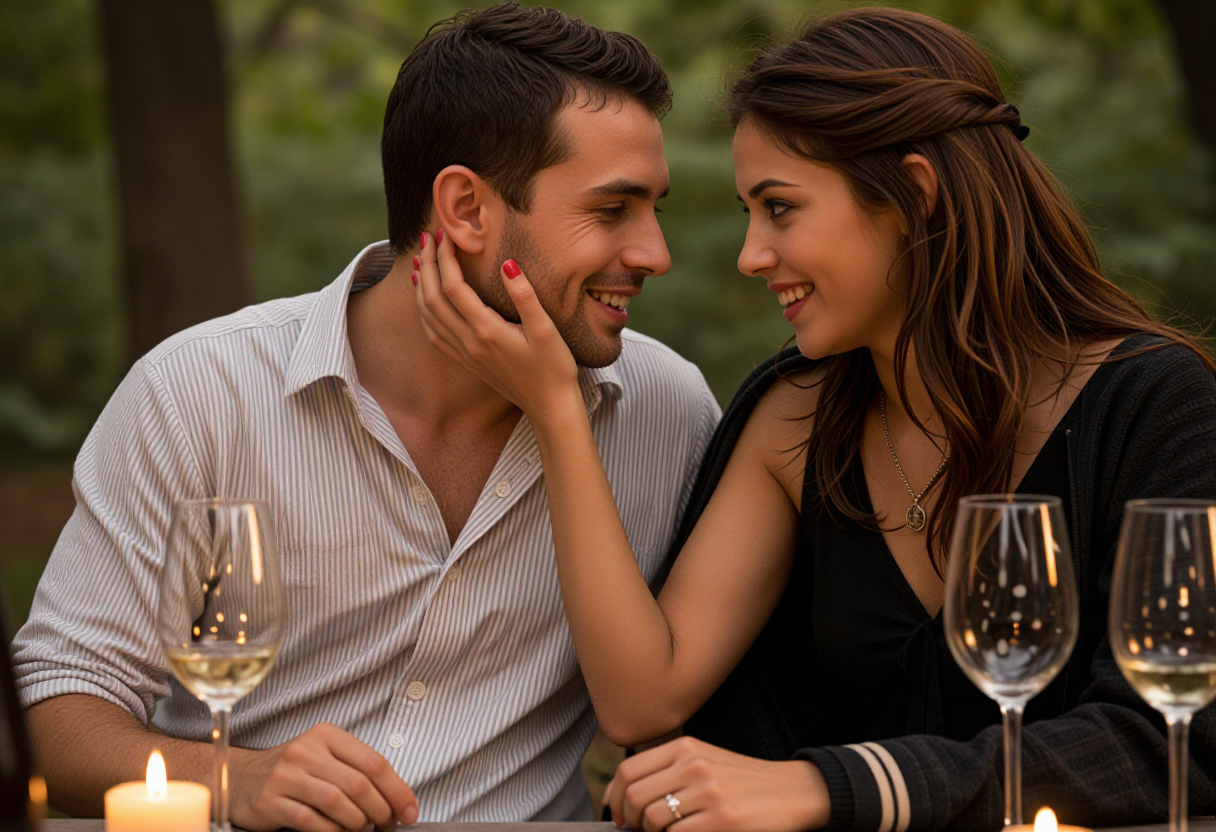 A couple shares an intimate moment in a serene forest clearing, the woman's hand gently resting on t — still-life detail