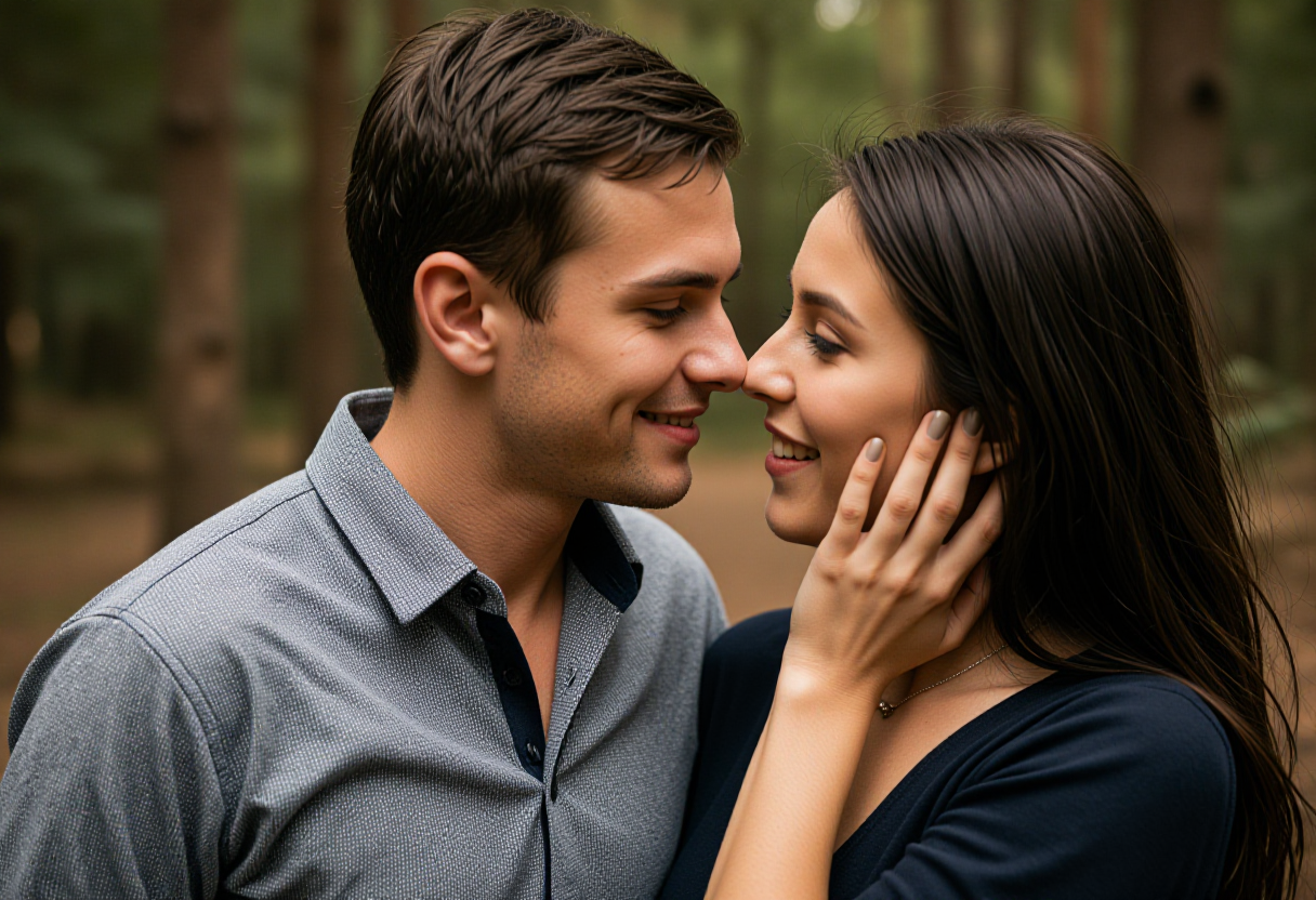 A couple shares an intimate moment in a serene forest clearing, the woman's hand gently resting on t — close-up detail