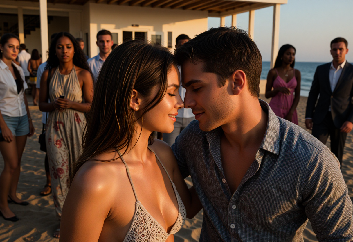 A couple shares an intimate moment on a pristine beach, the woman in a delicate lace bikini, her bar — wide environmental shot
