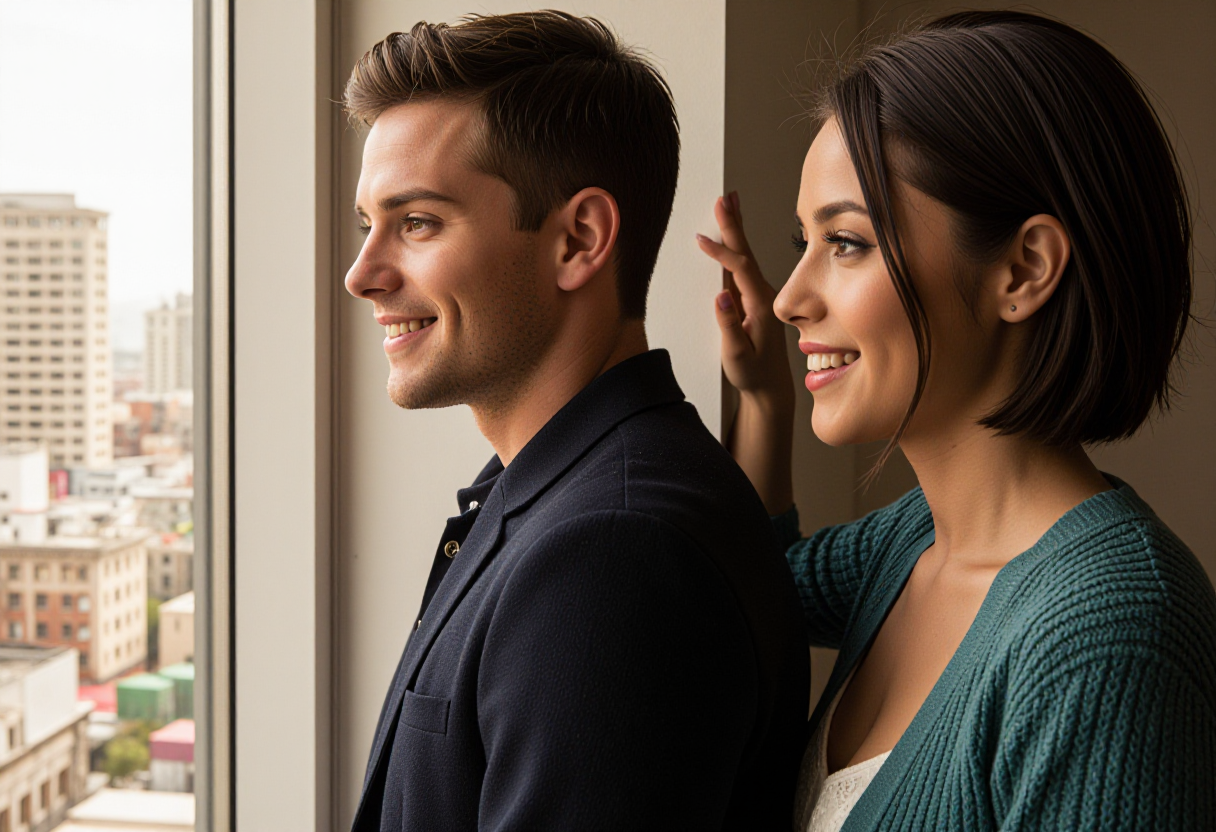 A man in a stylish open-collar shirt leans close to a woman in a black top and jeans, their bodies p — close-up detail